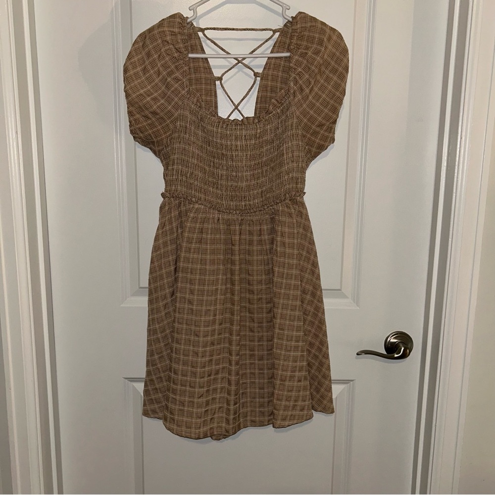 Mabel Tan and White Plaid Shirt Sleeve Dress with Open Tie Back